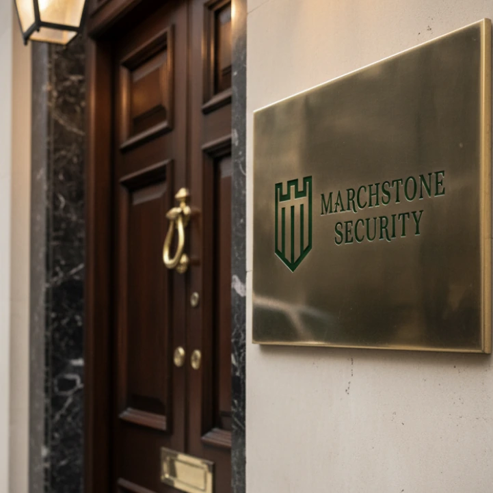 Marchstone Security brass plaque beside a panelled wooden entrance door
